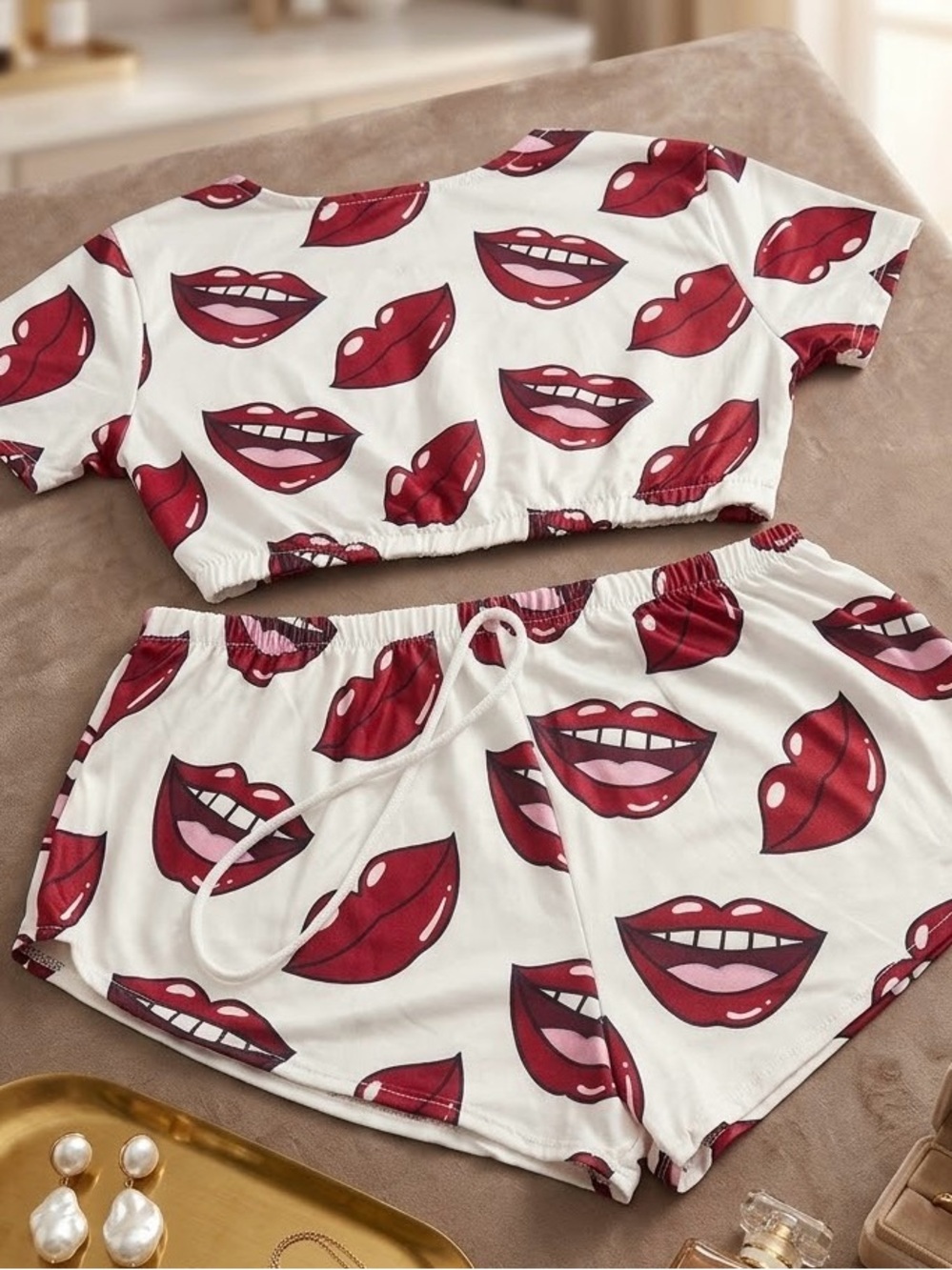 Women's Lip Print Short Pajama Set - White with Red Lips - Picture 2 of 3